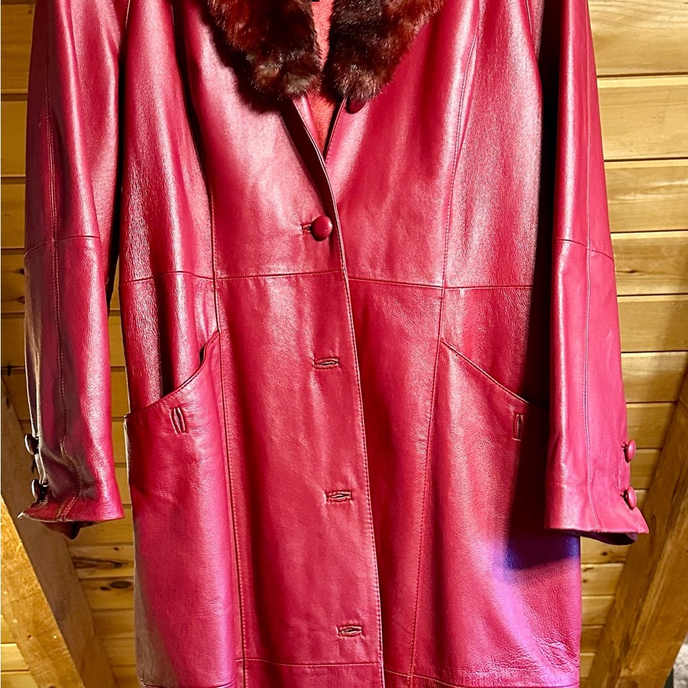 NWT Terry Lewis Classic Luxuries red leather long coat with faux fur hood - size